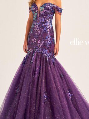 ELLIE WILDE EW35219 DARK PURPLE SIZE 4 14 MERMAID OFF THE SHOULDER FORMAL GOWN